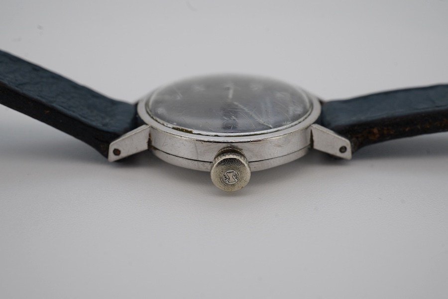 A lady's stainless steel Favre Leuba manual wind wrist watch, with lapis lazuli Arabic dial, case diameter 23mm, on an associated leather strap. Condition - fair